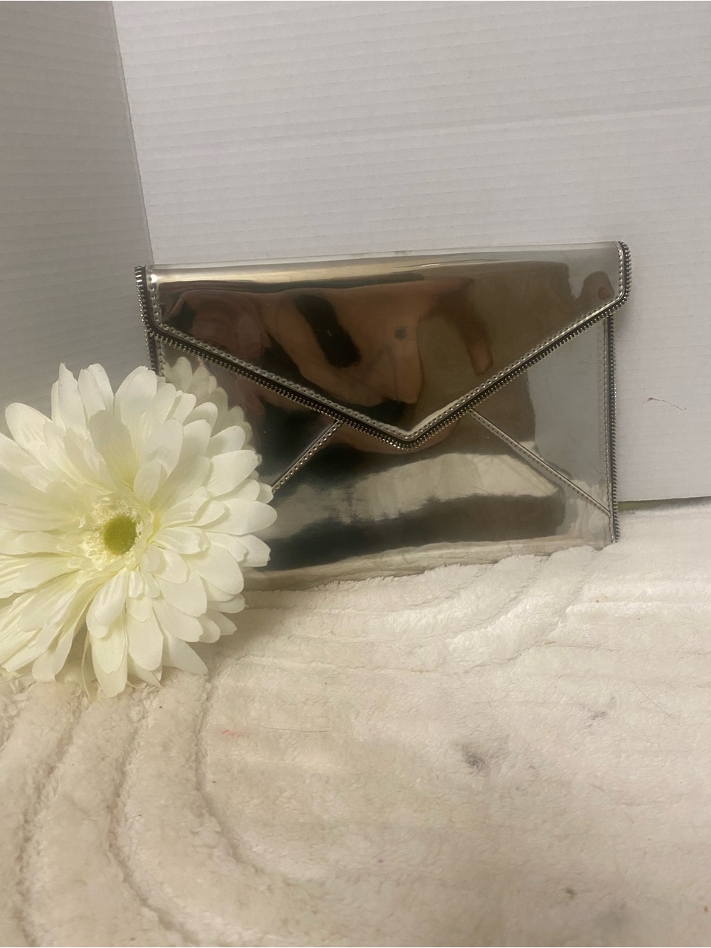 Rebecca Minkoff Leo Saffiano Metallic Mirror Envelope Clutch with Zipper Trim